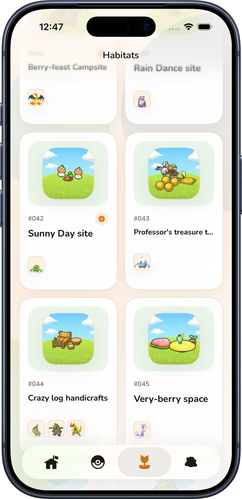 Pokodex app showing the habitats grid with Pokémon icons