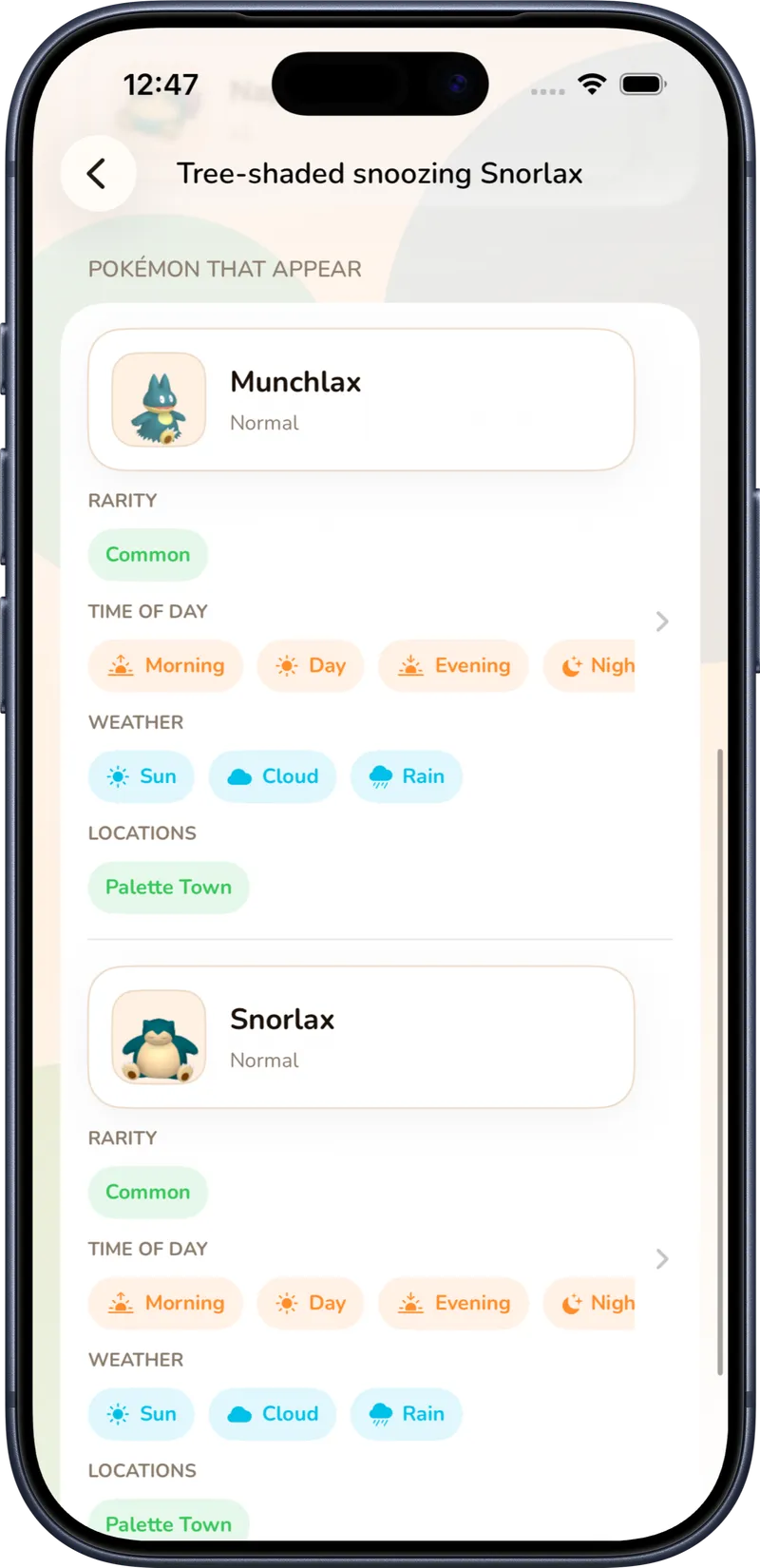 Pokodex app showing habitat detail with spawn times, weather, and locations
